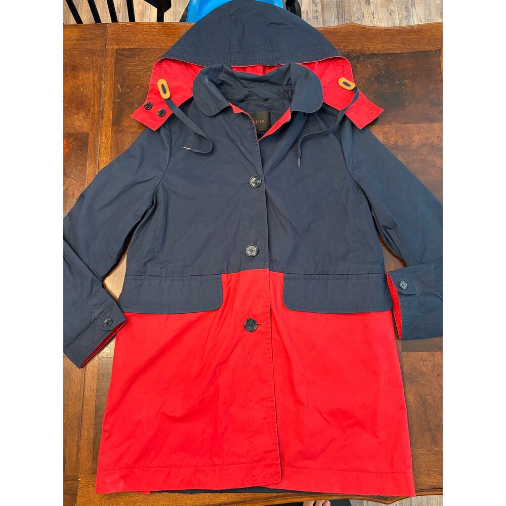Coach Navy Red Colorblock Hooded Rain Jacket Coat Leather Trim Sz L